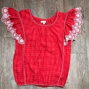 Max Studio Red Eyelet Ruffle Sleeve Blouse Cottagecore Top | Size: XS